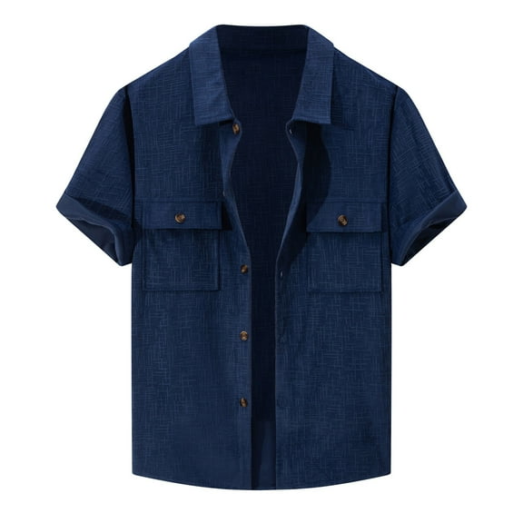 MIXUE Mens Casual Button Down Shirts Summer Corduroy Solid Color Lapel Short Sleeve Fashion Tops Streetwear,Blue,S