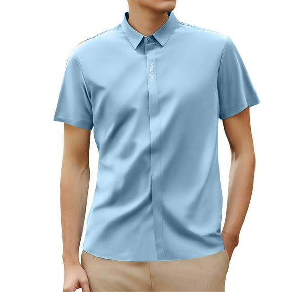 MIXUE Mens Casual Button Down Shirts Summer Ice Silk Solid Color Lapel Short Sleeve Business Tops Daily-Wear,Blue,XXL