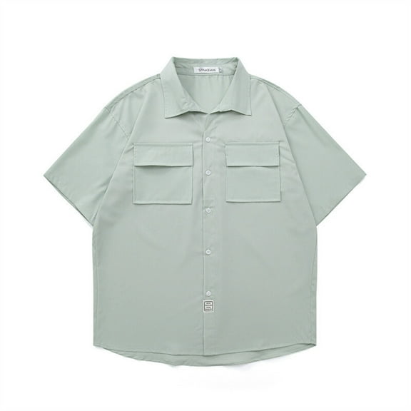 MIXUE Mens Casual Button Down Shirts Summer Ice Silk Solid Color Lapel Short Sleeve Pocket Work Outdoor Tops Sportswear,Green,XXL