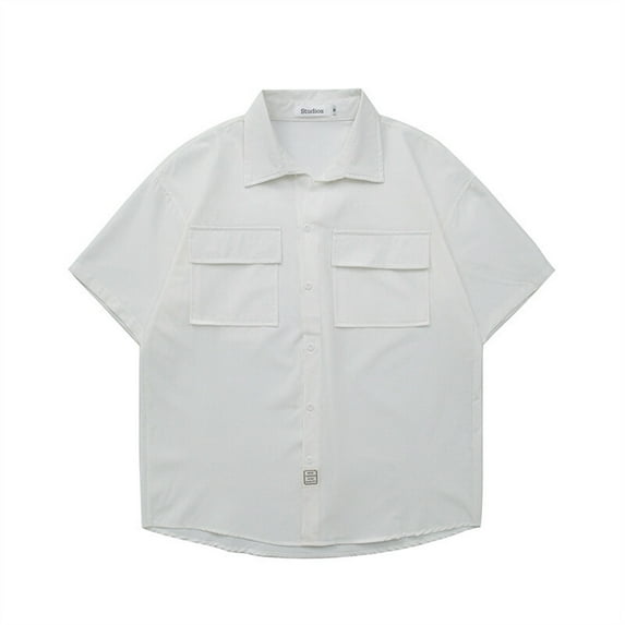 MIXUE Mens Casual Button Down Shirts Summer Ice Silk Solid Color Lapel Short Sleeve Pocket Work Outdoor Tops Sportswear,White,L