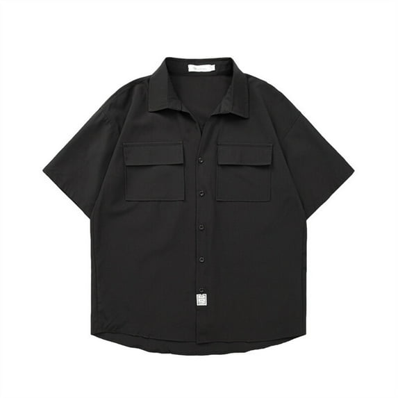 MIXUE Mens Casual Button Down Shirts Summer Ice Silk Solid Color Lapel Short Sleeve Pocket Work Outdoor Tops Streetwear,Black,M