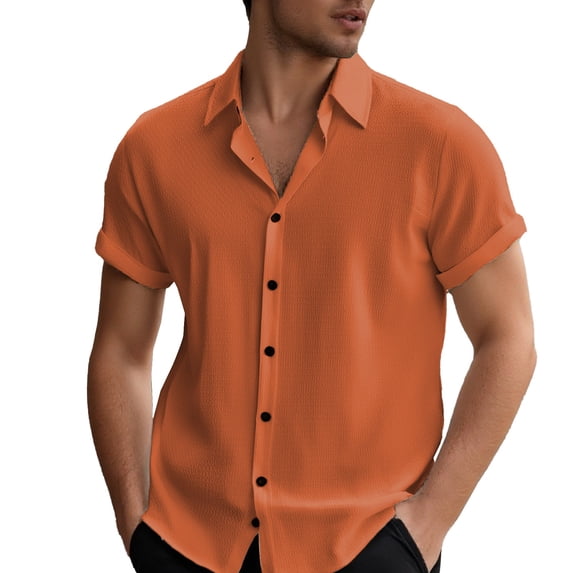 MIXUE Mens Casual Button Down Shirts Summer Solid Color Lapel Short Sleeve Classic Beach Tops Daily-Wear,Red,M
