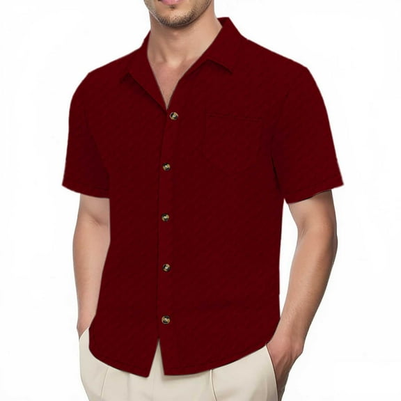 MIXUE Mens Casual Button Down Shirts Summer Solid Color Lapel Short Sleeve Fashion Comfortable Tops Holiday Wear,Red,M