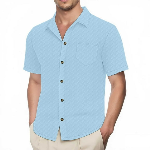 MIXUE Mens Casual Button Down Shirts Summer Solid Color Lapel Short Sleeve Fashion Comfortable Tops Outwear,Blue,L