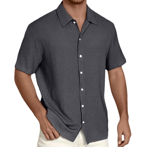 MIXUE Mens Casual Button Down Shirts Summer Solid Color Lapel Short Sleeve Fashion Tops Daily-Wear,Gray,M