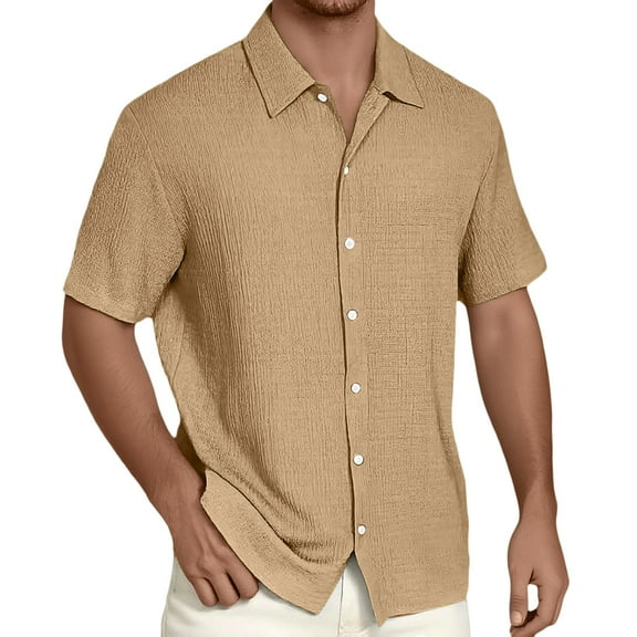 MIXUE Mens Casual Button Down Shirts Summer Solid Color Lapel Short Sleeve Fashion Tops Outwear,Brown,XXXL