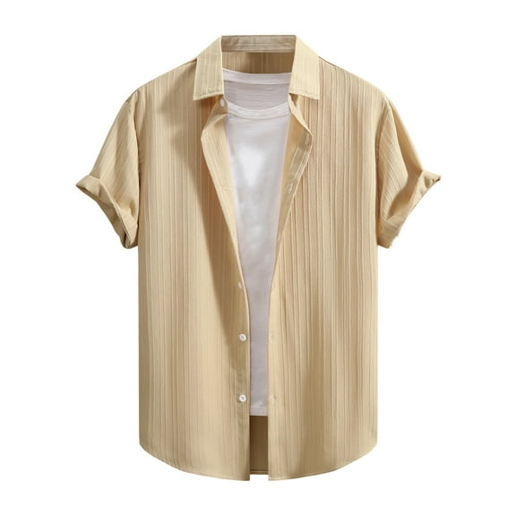 MIXUE Mens Casual Button Down Shirts Summer Solid Color Lapel Short Sleeve Fashion Tops Streetwear,Brown,L