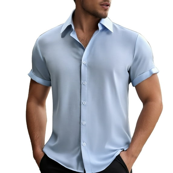 MIXUE Mens Casual Button Down Shirts Summer Solid Color Lapel Short Sleeve Plus Size Fashion Tops Activewear,Blue,L