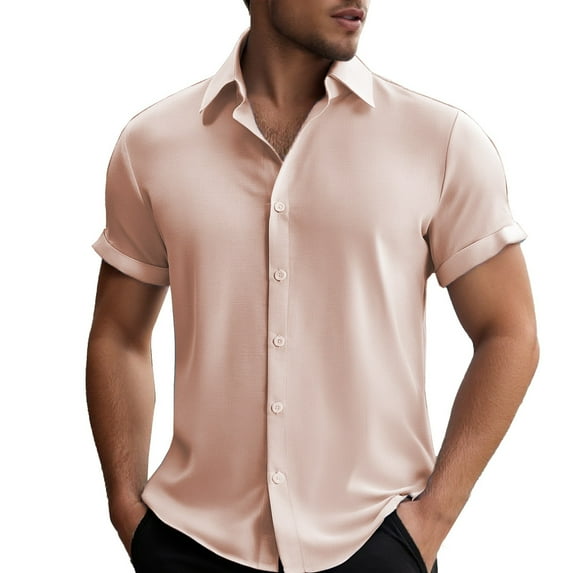 MIXUE Mens Casual Button Down Shirts Summer Solid Color Lapel Short Sleeve Plus Size Fashion Tops Outwear,Red,XXXL