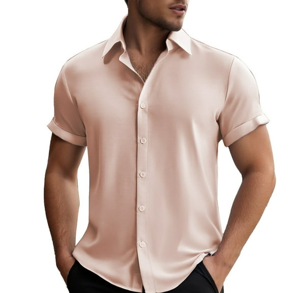 MIXUE Mens Casual Button Down Shirts Summer Solid Color Lapel Short Sleeve Plus Size Fashion Tops Sportswear,Red,XXL