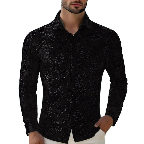 MIXUE Mens Casual Button Down Shirts Solid Color Lapel Lapel Cardigan Loose Comfortable Trendy Business Floral Long Sleeve Shirt Tops Sportswear,Black,S