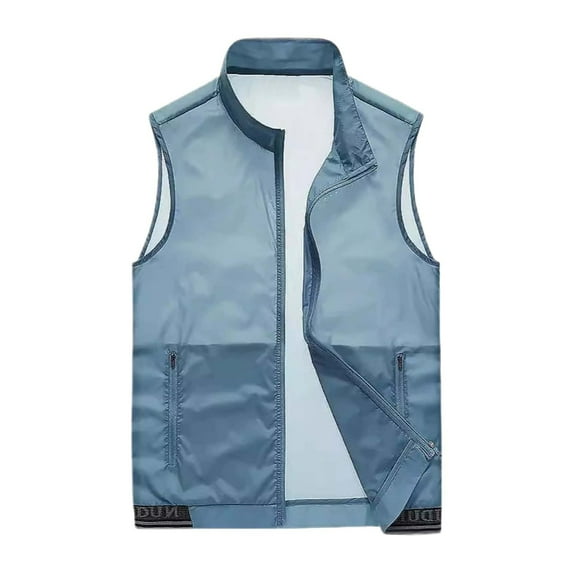 MIXUE Mens Casual Button Down Shirts Solid Color Lapel Lightweight Softshell Vest Windproof Sleeveless Travel Hiking Running Shirt Tops Holiday Wear,Blue,XXXL