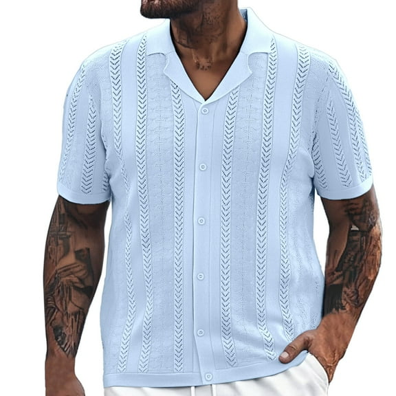 MIXUE Mens Casual Button Down Shirts Solid Color Lapel Striped Hollow Knitted Loose Comfortable Trendy Business Short Sleeve Shirt Tops Holiday Wear,Blue,L