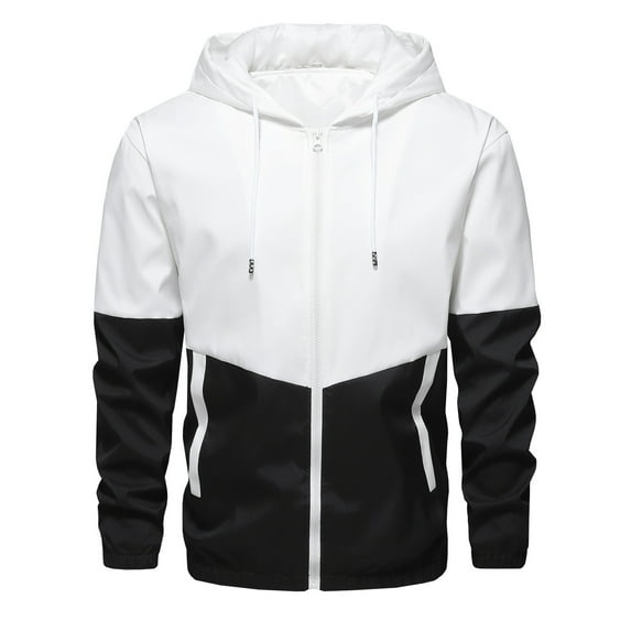 MIXUE Mens Coats And Jackets Autumn Winter Color Block Print Hooded Long Sleeve Zip Up Lightweight Casual Breathable Coat Activewear,Black,L