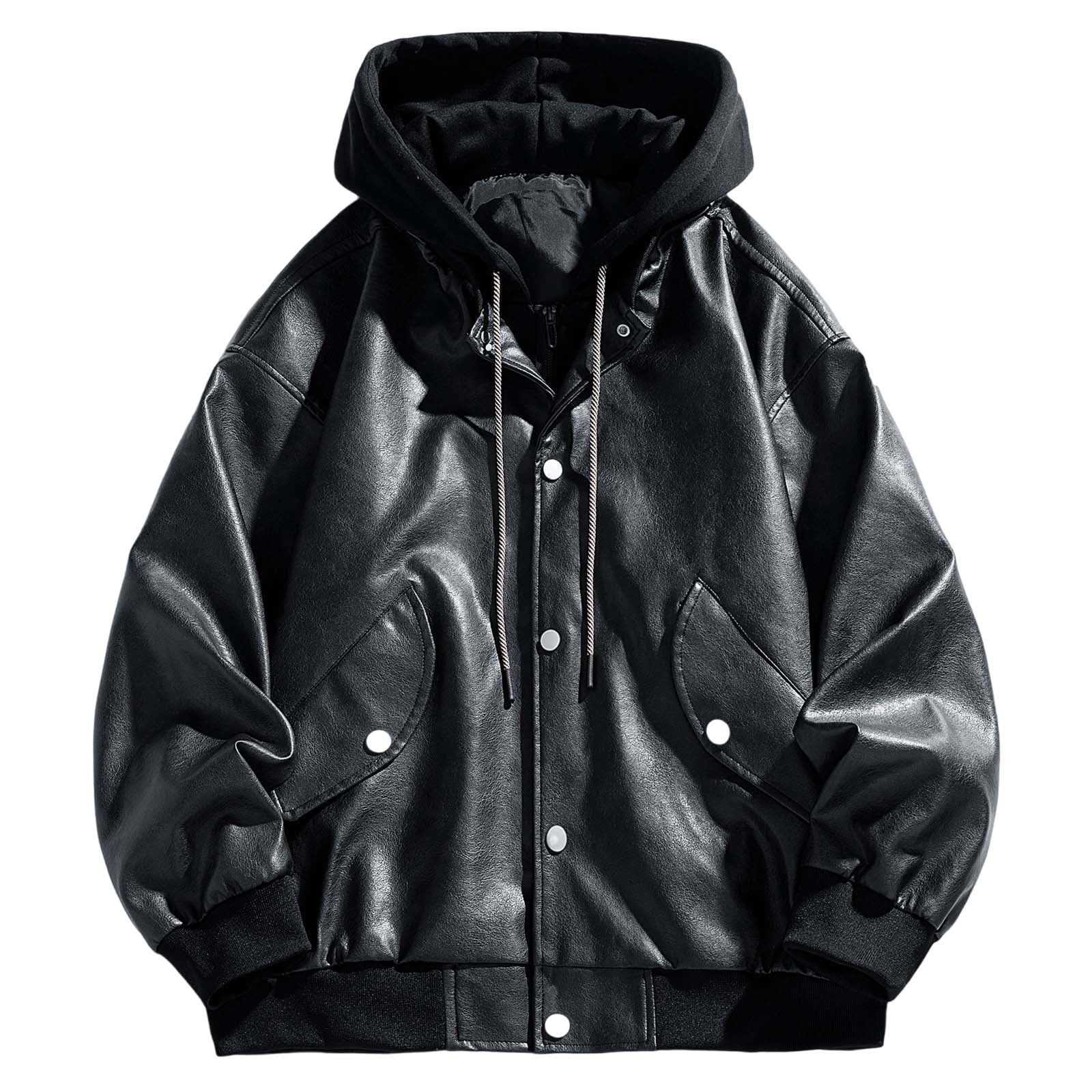 MIXUE Mens Coats And Jackets Autumn Winter Leather Solid Color Hooded Button Down Long Sleeve Slim Fit Casual Coat Activewear,Black,M