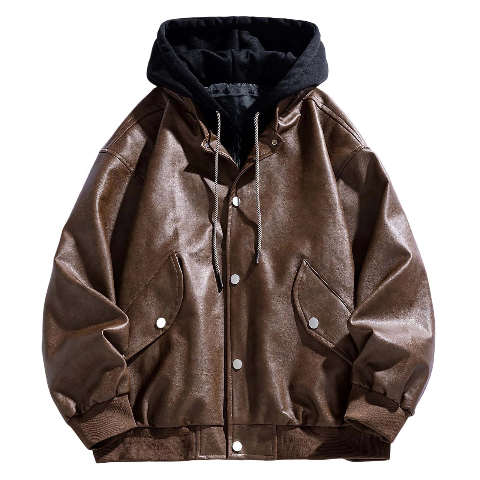MIXUE Mens Coats And Jackets Autumn Winter Leather Solid Color Hooded Button Down Long Sleeve Slim Fit Casual Coat Activewear,Brown,M