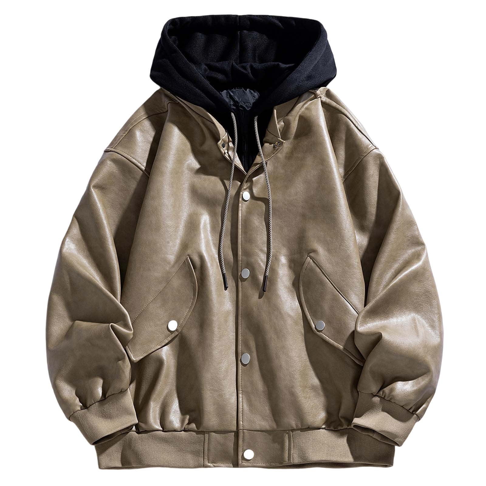MIXUE Mens Coats And Jackets Autumn Winter Leather Solid Color Hooded Button Down Long Sleeve Slim Fit Casual Coat Streetwear,Brown,XXXL