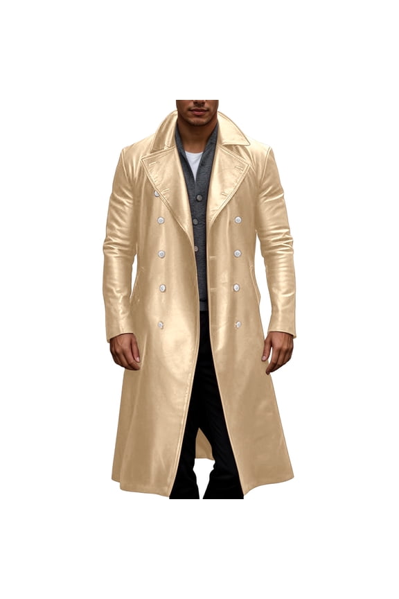 Mens Coats And Jackets Autumn Winter Leather Solid Color Lapel Button Down Long Sleeve Slim Fit Casual Formal Maxi Coat Activewear,Gold,M
