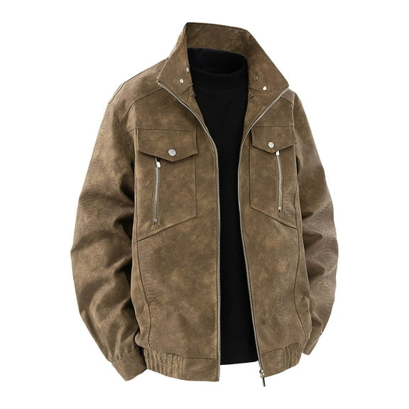 MIXUE Mens Coats And Jackets Autumn Winter Leather Solid Color Lapel Long Sleeve Zip Up Classic Coat Streetwear,Brown,M