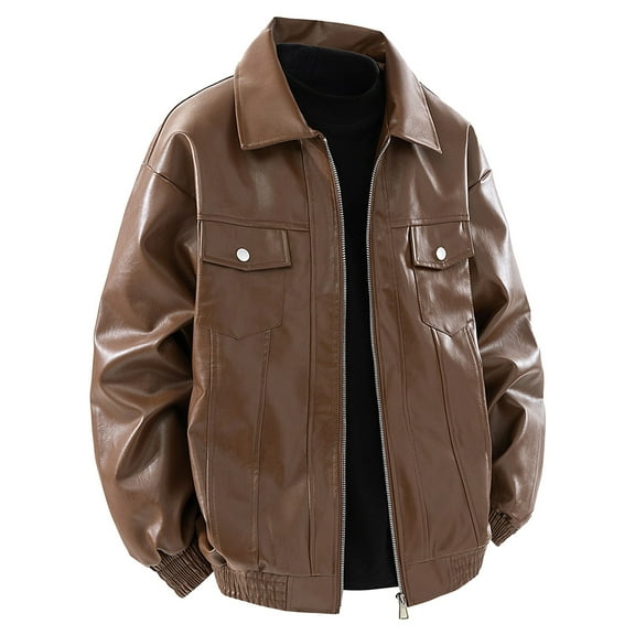 MIXUE Mens Coats And Jackets Autumn Winter Leather Solid Color Lapel Zipper Long Sleeve Slim Fit Casual Coat Streetwear,Brown,M