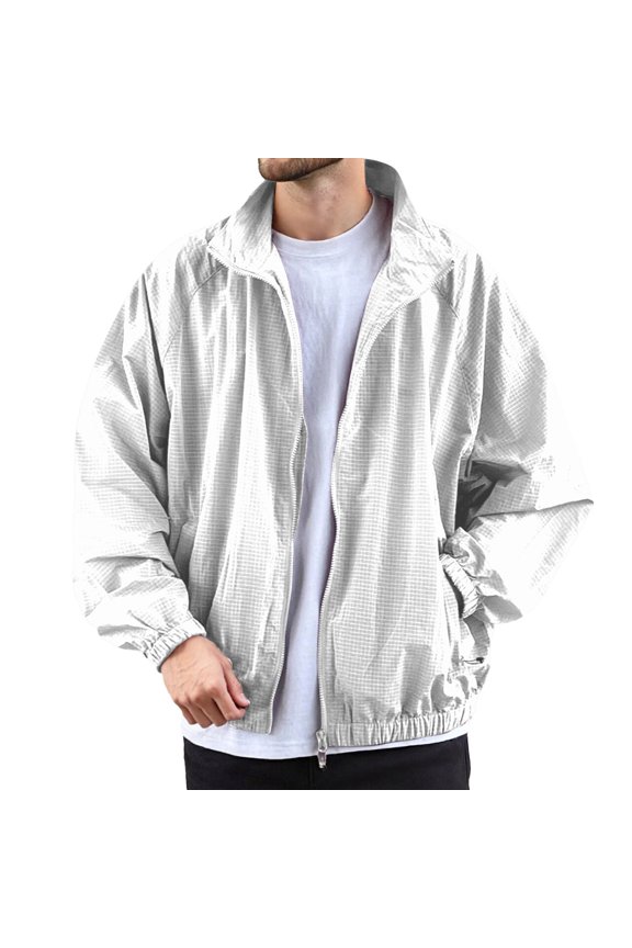 Mens Coats And Jackets Autumn Winter Plaid Print Stank Long Sleeve Zip Up Casual Sports Loose Fit Coat Daily-Wear,White,M
