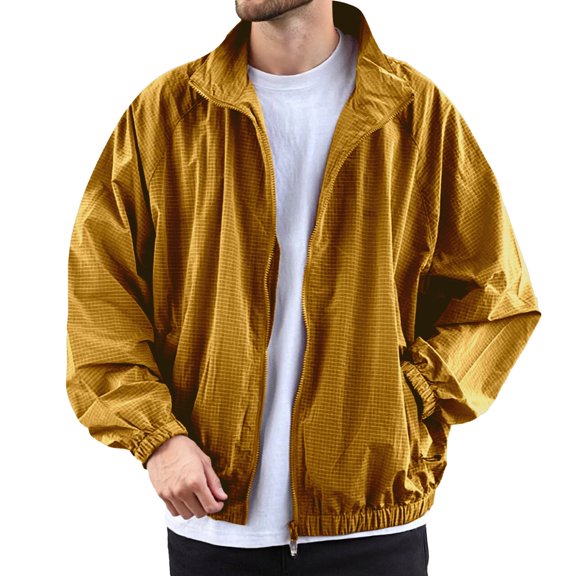 MIXUE Mens Coats And Jackets Autumn Winter Plaid Print Stank Long Sleeve Zip Up Casual Sports Loose Fit Coat Sportswear,Yellow,M