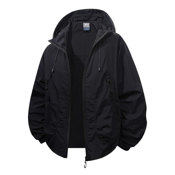 MIXUE Mens Coats And Jackets Autumn Winter Solid Color Hooded Long Sleeve Zip Up Loose Casual Coat Daily-Wear,Black,S