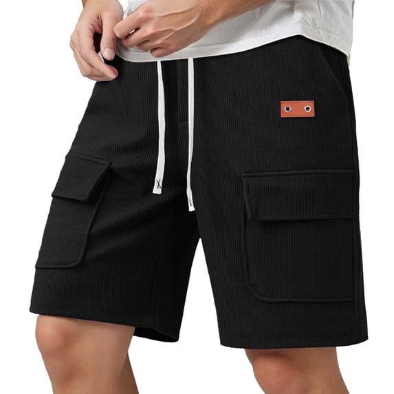 MIXUE Mens Shorts Summer Cargo Solid Color Elastic Waist Drawstring Fashion Loose Sports Outwear,Black,XXL
