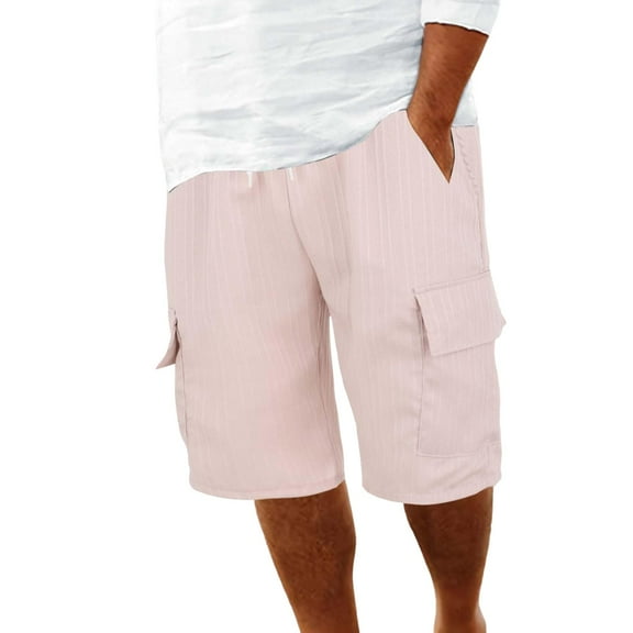 MIXUE Mens Shorts Summer Linen Solid Color Elastic Waist Drawstring With Large Pockets Beach Sports Loose Fit Casual Streetwear,Pink,L