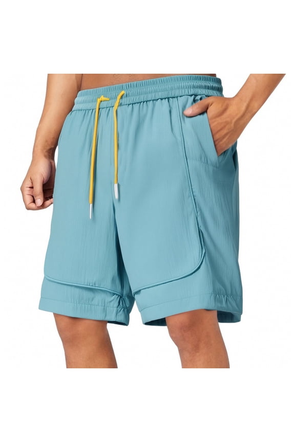 Mens Shorts Summer Solid Color Elastic Waist Drawstring Loose Casual Breathable Beach Athletic Swim Trunks Beachwear,Blue,M