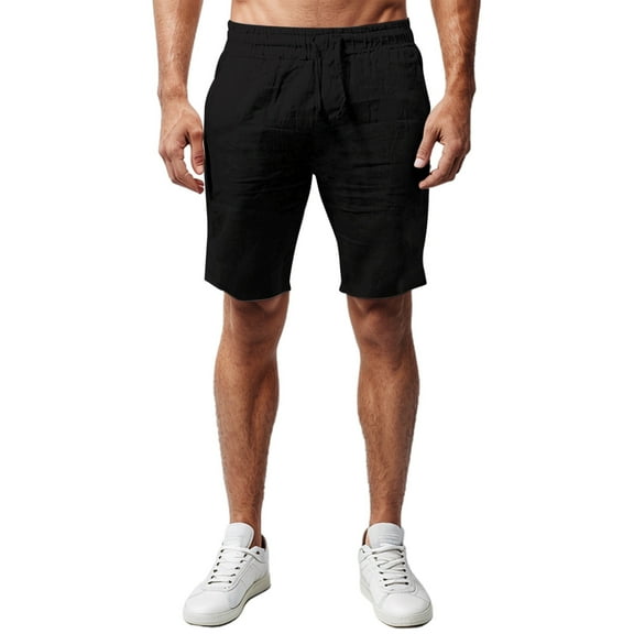 MIXUE Mens Shorts Summer Solid Color Linen Pockets Trousers Beach Mens Workout Shorts Outwear,Black,XL