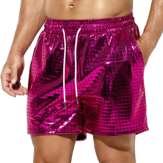 MIXUE Mens Shorts Summer Solid Color Sequin Sexy Rave Hot Party Mens Workout Shorts Activewear,Pink,XS