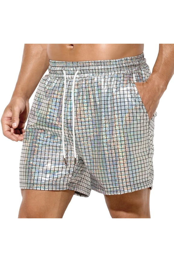 Mens Shorts Summer Solid Color Sequin Sexy Rave Hot Party Mens Workout Shorts Sportwear,Silver,XXL