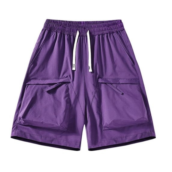 MIXUE Mens Shorts Summer Solid Color Stylish Straight Pocket Casual Comfortable Sports Mens Workout Shorts Holiday Wear,Purple,M