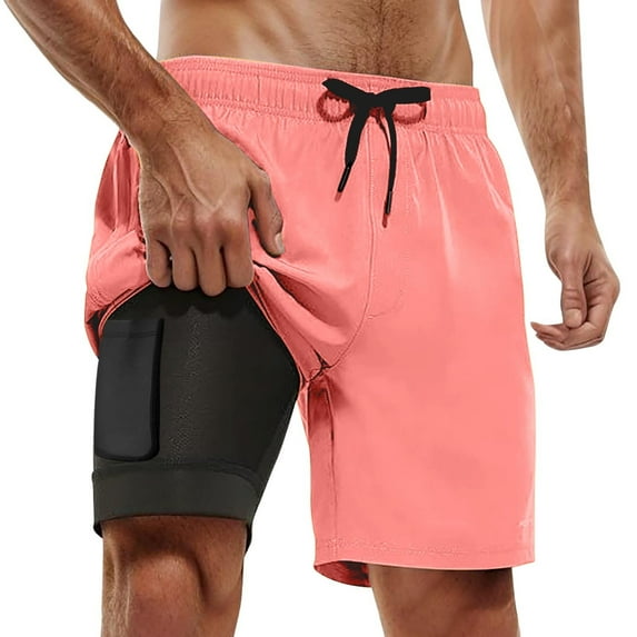 MIXUE Mens Shorts Summer Solid Color Swim Trunks Compresssion Liner Inseam Bathing Suit Pockets Mens Workout Shorts Holiday Wear,Pink,XXL