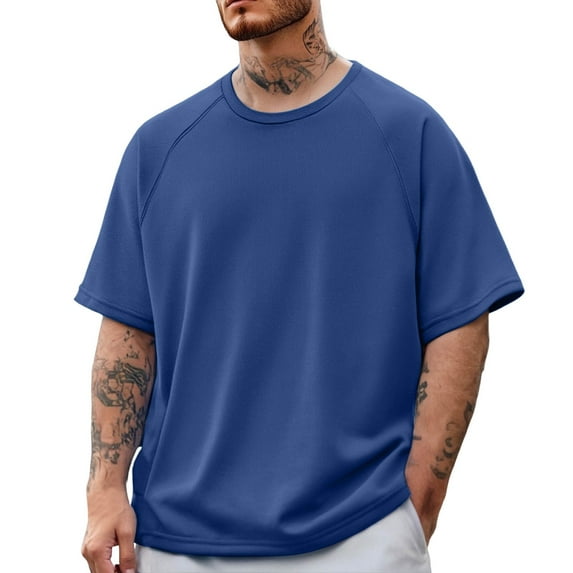 MIXUE Mens T-Shirts Solid Color Round Neck Short Sleeve Basketball Sports Split Quick Drying Trendy Pullover Tops Tshirts Outwear,Blue,L