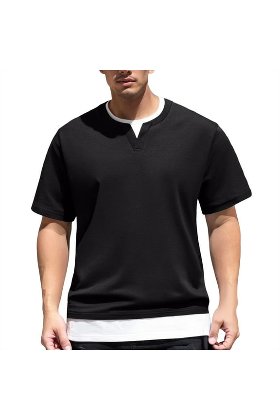 Mens T-Shirts Solid Color Round Neck Short Sleeve Double Layer Fashion Two Piece Style Pullover Tops T Shirts Activewear,Black,XL