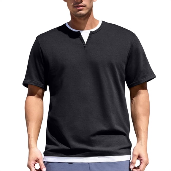 MIXUE Mens T-Shirts Solid Color Round Neck Short Sleeve Double V Neck Fashion Bottoming Pullover Tops T Shirts Daily-Wear,Black,M