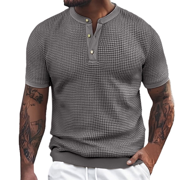 MIXUE Mens T-Shirts Solid Color Round Neck Short Sleeve Knitted Pineapple Jacquard Texture Casual Loose Comfortable Trendy Button Pullover Tops Tshirts Outwear,Gray,XL