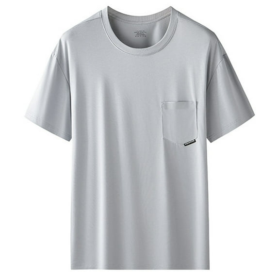 MIXUE Mens T-Shirts Solid Color Round Neck Short Sleeve Pocket Pullover Tops T Shirts Activewear,Gray,L