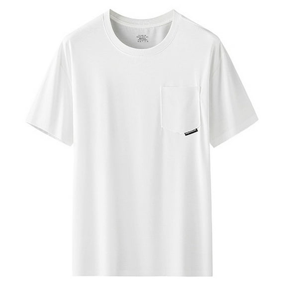 MIXUE Mens T-Shirts Solid Color Round Neck Short Sleeve Pocket Pullover Tops Tee Shirts Sportwear,White,XL