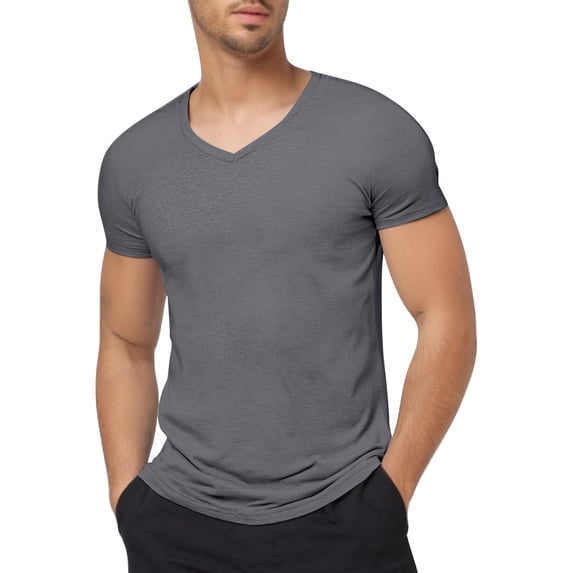 MIXUE Mens T-Shirts Solid Color Round Neck Short Sleeve V Neck Casual Stylish Beach Vacation Summer Pullover Tops T Shirts Daily-Wear,Gray,XL