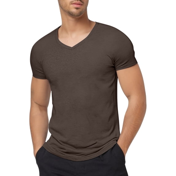 MIXUE Mens T-Shirts Solid Color Round Neck Short Sleeve V Neck Casual Stylish Beach Vacation Summer Pullover Tops Tee Shirts Streetwear,Brown,S