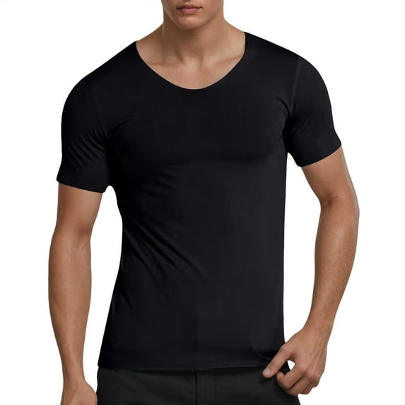 MIXUE Mens T-Shirts Summer Silk Solid Color Round Neck Short Sleeve Seamless Pullover Tops T Shirts Activewear,Black,XL
