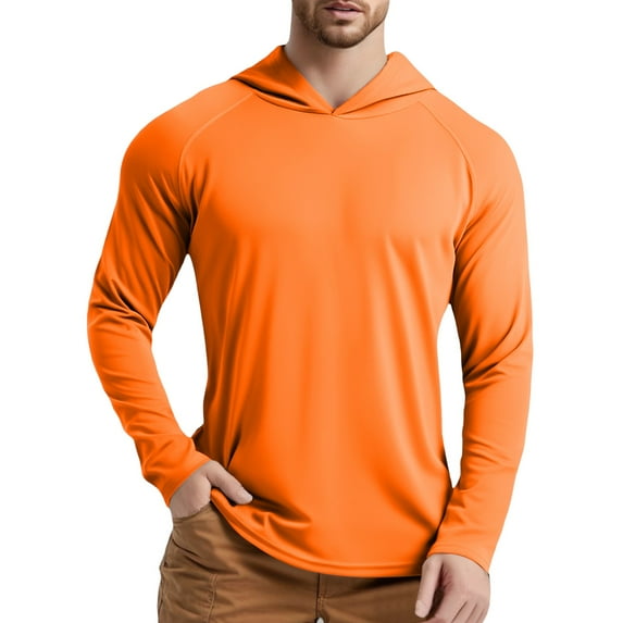 MIXUE Mens T-Shirts Summer Solid Color Hoodie Long Sleeve Quick Drying UPF 50+ Lightweight Outdoor Pullover Tops T Shirts Daily-Wear,Orange,L