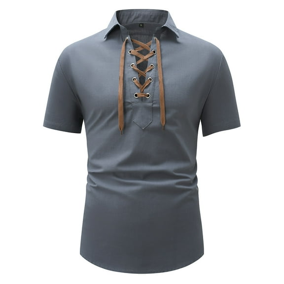 MIXUE Mens T-Shirts Summer Solid Color Lace Up Lapel Short Sleeve Loose Fit Casual Pullover Tops T Shirts Daily-Wear,Gray,XL
