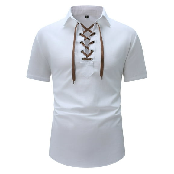 MIXUE Mens T-Shirts Summer Solid Color Lace Up Lapel Short Sleeve Loose Fit Casual Pullover Tops T Shirts Daily-Wear,White,XL