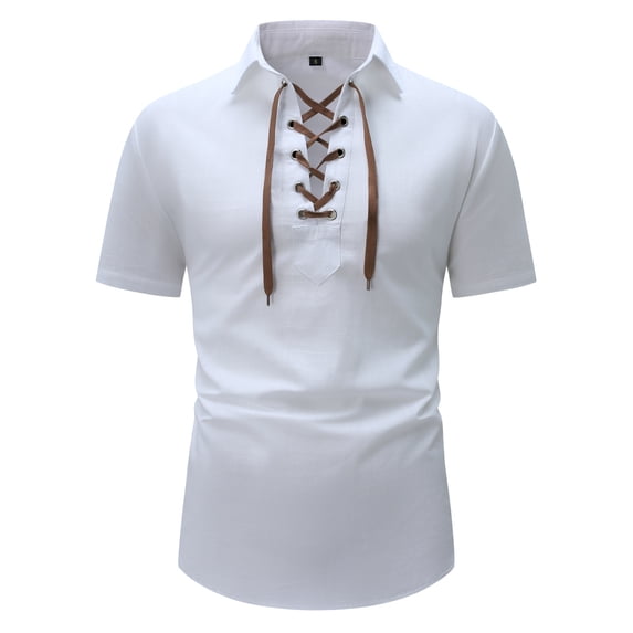 MIXUE Mens T-Shirts Summer Solid Color Lace Up Lapel Short Sleeve Loose Fit Casual Pullover Tops Tee Shirts Sportwear,White,M