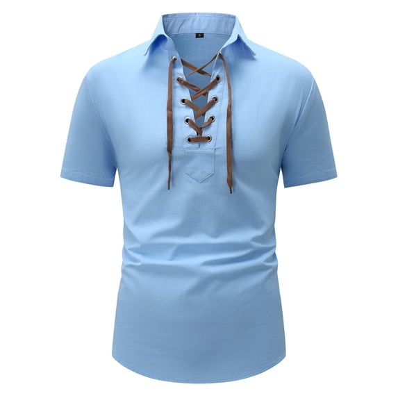MIXUE Mens T-Shirts Summer Solid Color Lace Up Lapel Short Sleeve Loose Fit Casual Pullover Tops Tshirts Outwear,Blue,S