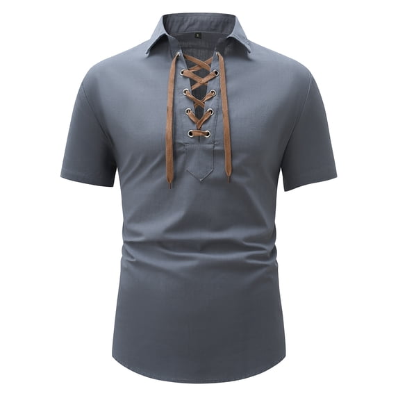 MIXUE Mens T-Shirts Summer Solid Color Lace Up Lapel Short Sleeve Loose Fit Casual Pullover Tops Tshirts Outwear,Gray,S